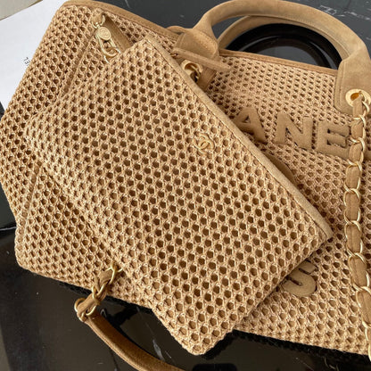 25 Deauville Tote Bag 34cm Beige Crochet Suede