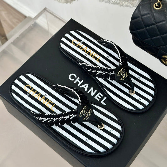 25 Thong Sandal Braided Striped Black White