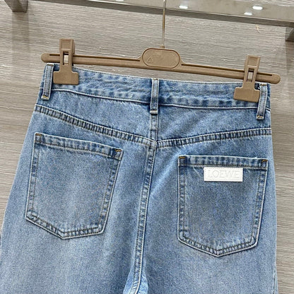 25 Pocket Embossed Letter Straight Jeans Blue Cotton