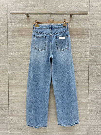 25 Pocket Embossed Letter Straight Jeans Blue Cotton