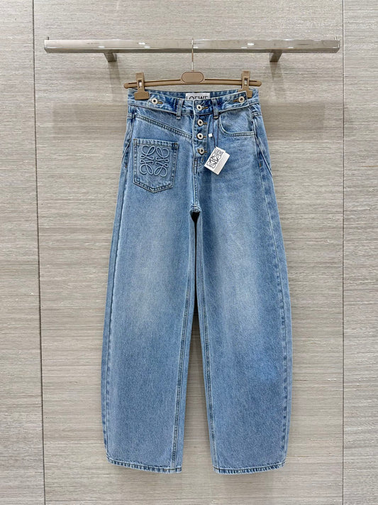 25 Pocket Embossed Letter Straight Jeans Blue Cotton