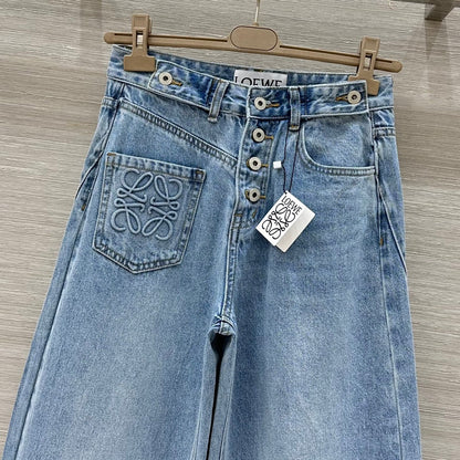 25 Pocket Embossed Letter Straight Jeans Blue Cotton