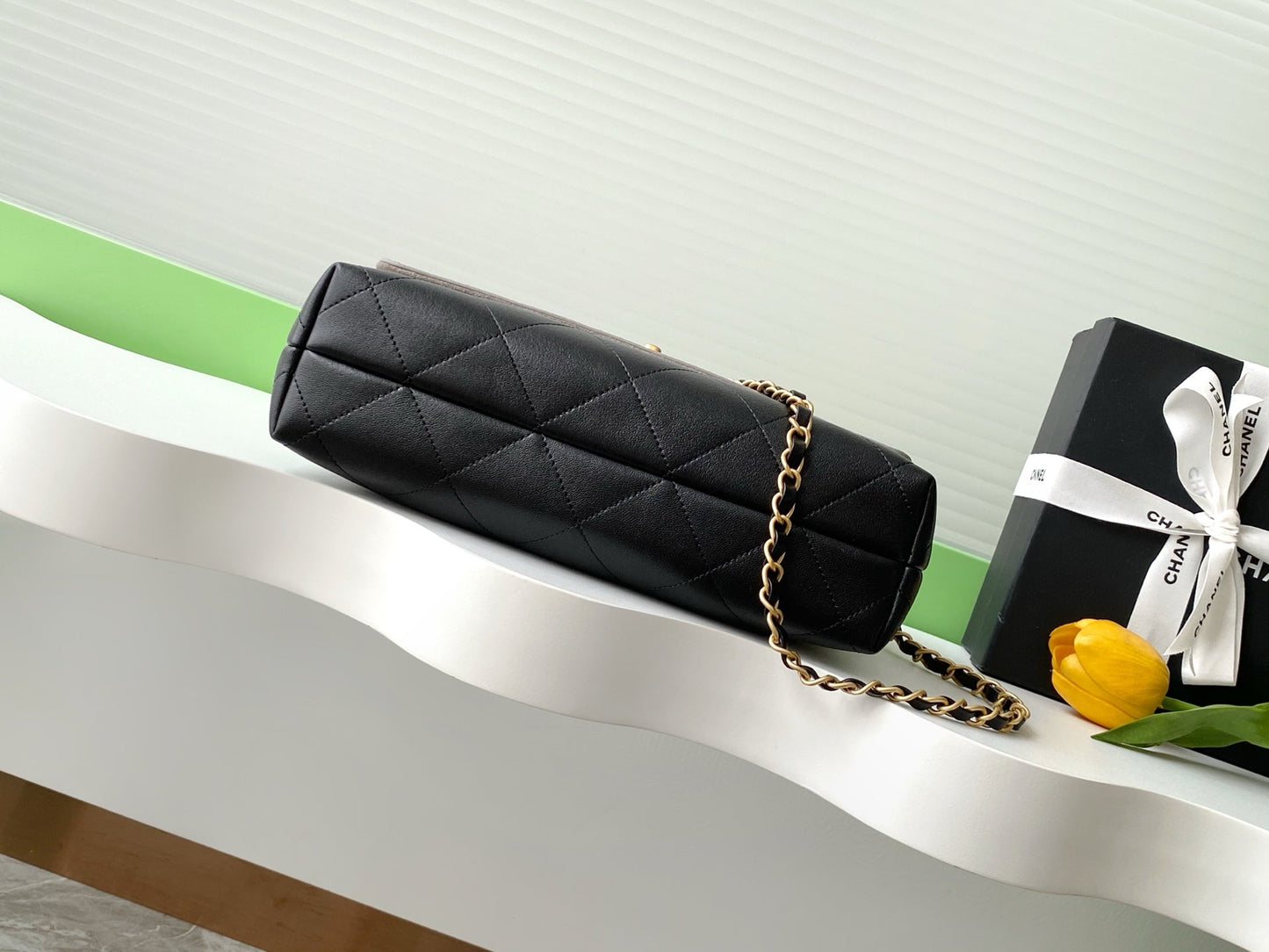 25A Flap Bag 29cm Grey Suede Black Calfskin