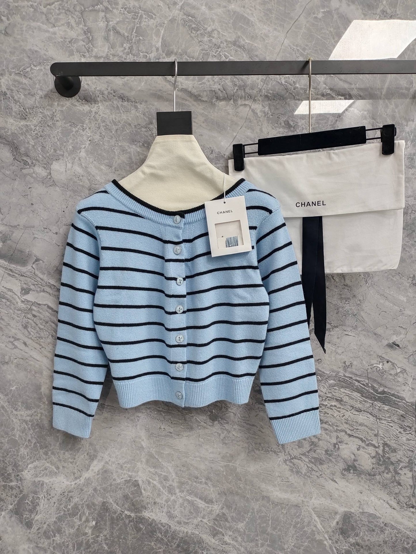 C 25 Cardigan with Swallow Buttons in Light Blue and Black