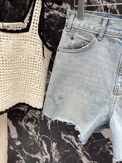 CE 25Ss spring and summer new logo embroidered burlap ripped denim shorts