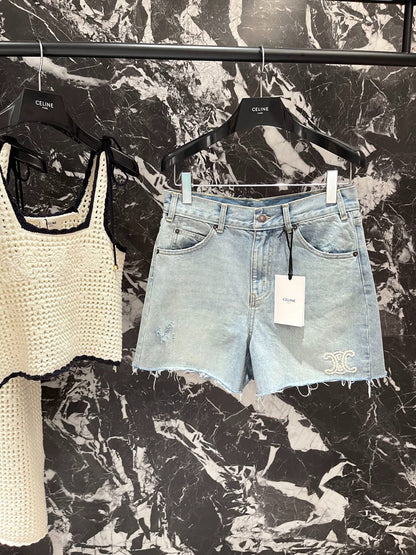 CE 25Ss spring and summer new logo embroidered burlap ripped denim shorts