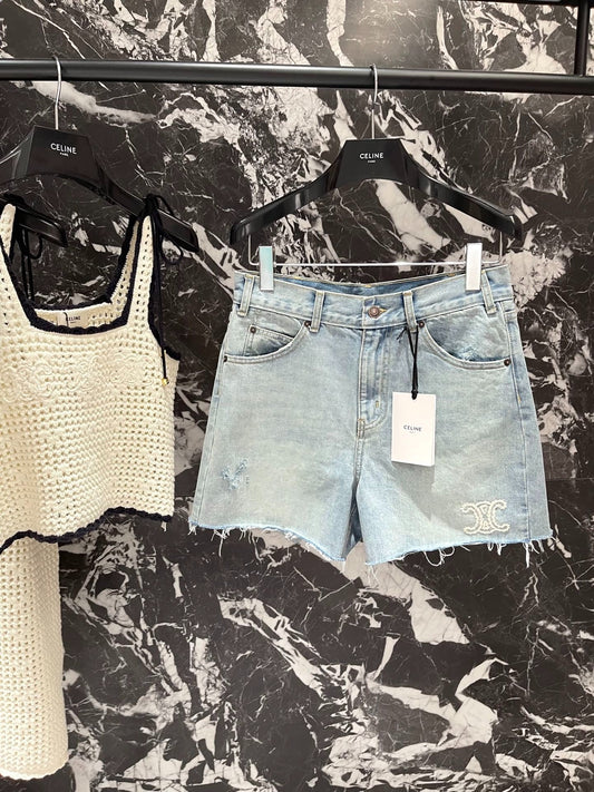CE 25Ss spring and summer new logo embroidered burlap ripped denim shorts