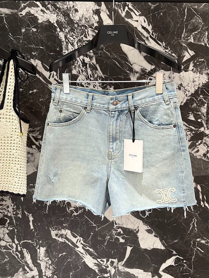 CE 25Ss spring and summer new logo embroidered burlap ripped denim shorts