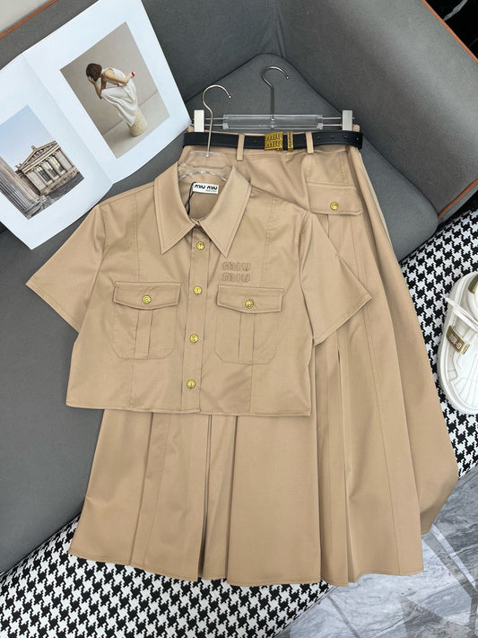 25 New Work Style Short Top + Skirt with Belt Set