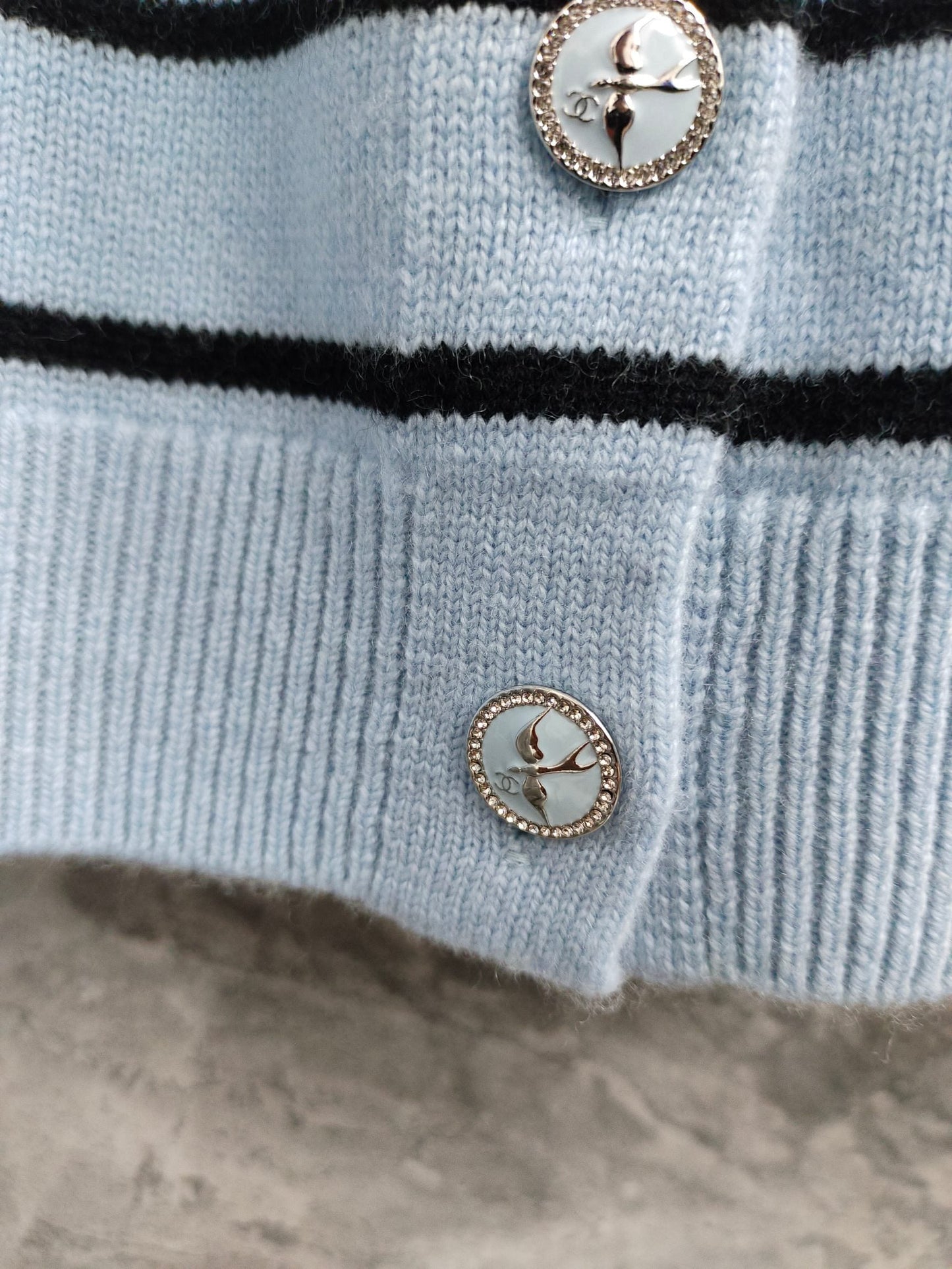 C 25 Cardigan with Swallow Buttons in Light Blue and Black