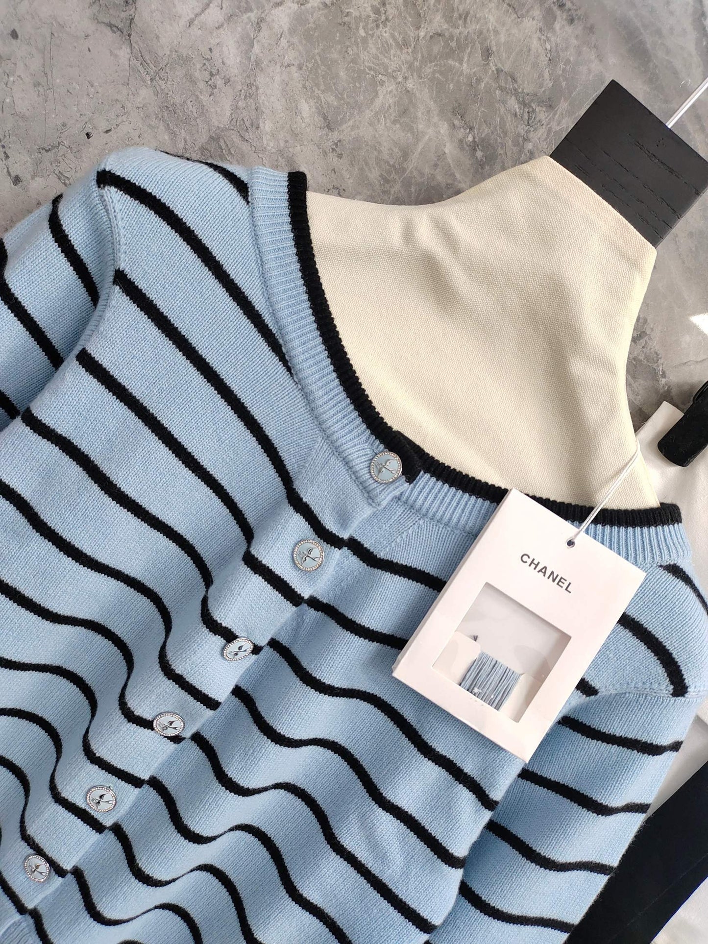 C 25 Cardigan with Swallow Buttons in Light Blue and Black