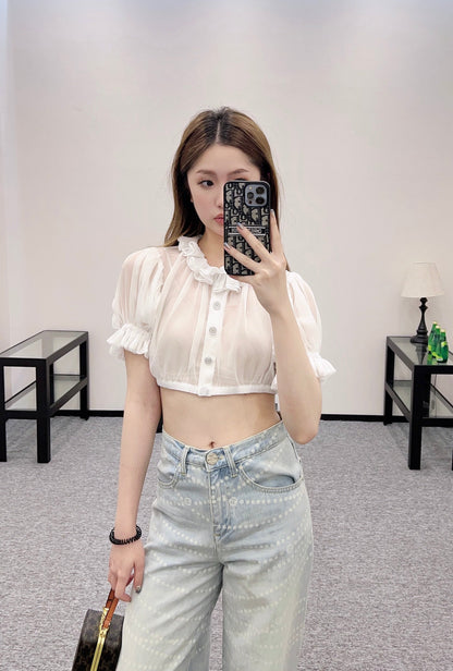 2025 new products Short waist lace see-through top