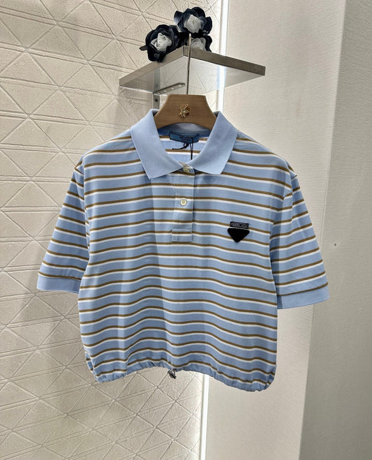 2025 new product Lapel striped short-sleeved top