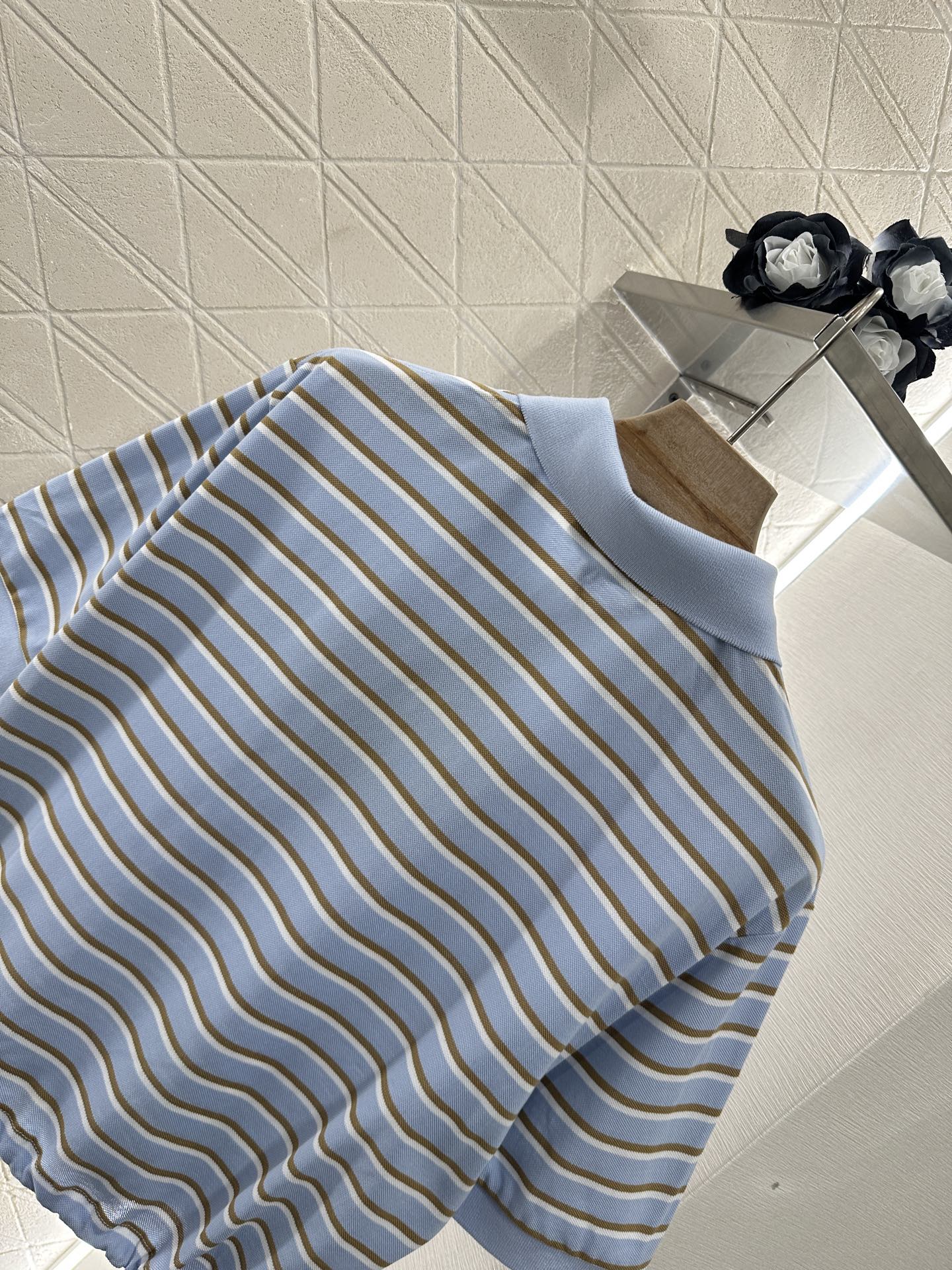2025 new product Lapel striped short-sleeved top