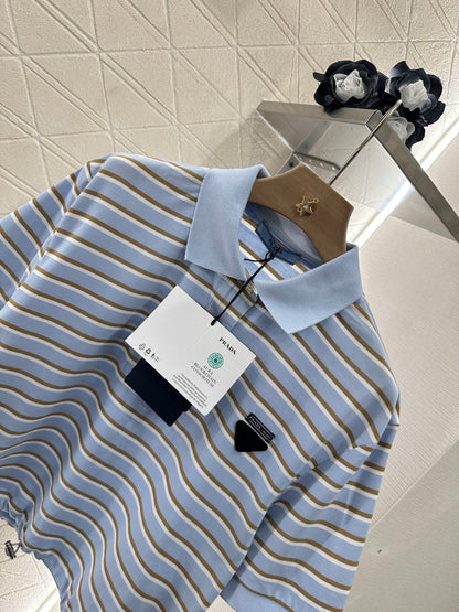 2025 new product Lapel striped short-sleeved top