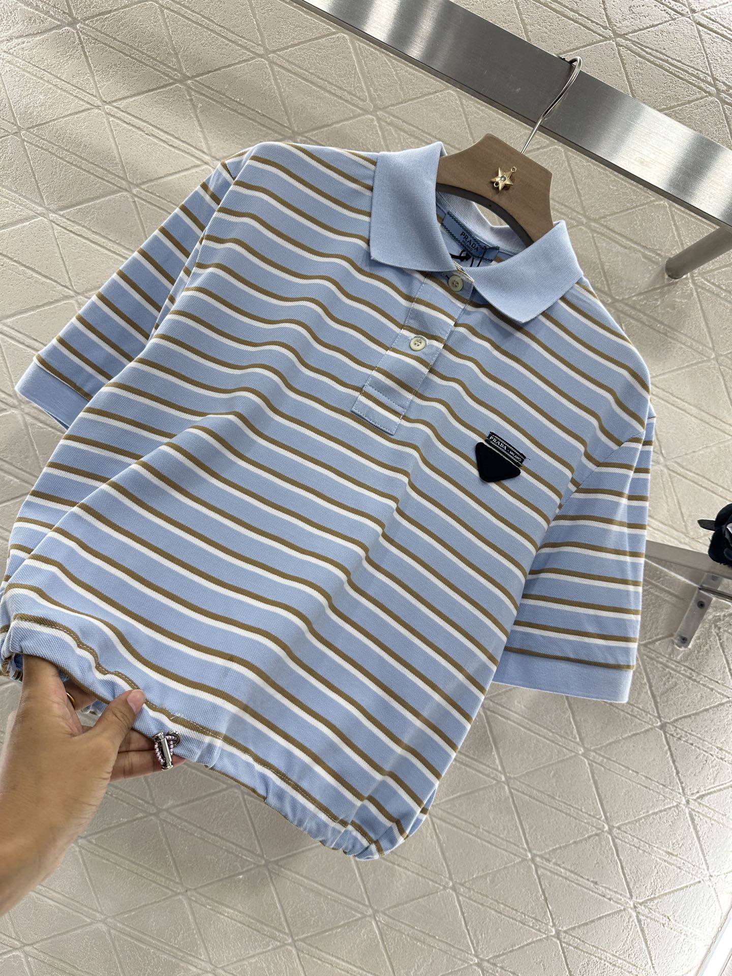 2025 new product Lapel striped short-sleeved top