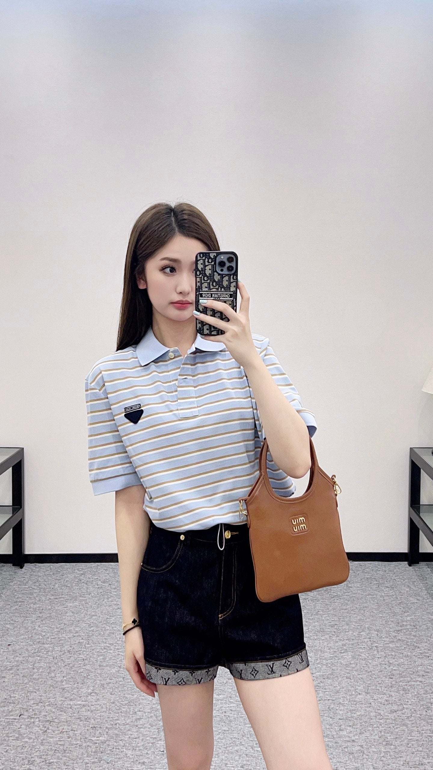 2025 new product Lapel striped short-sleeved top