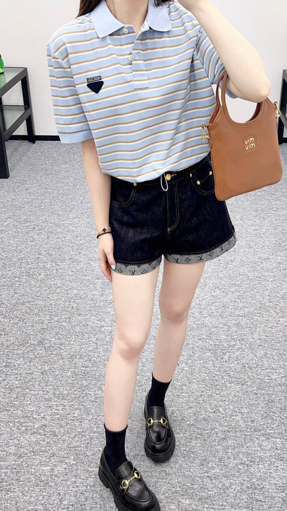 2025 new product Lapel striped short-sleeved top